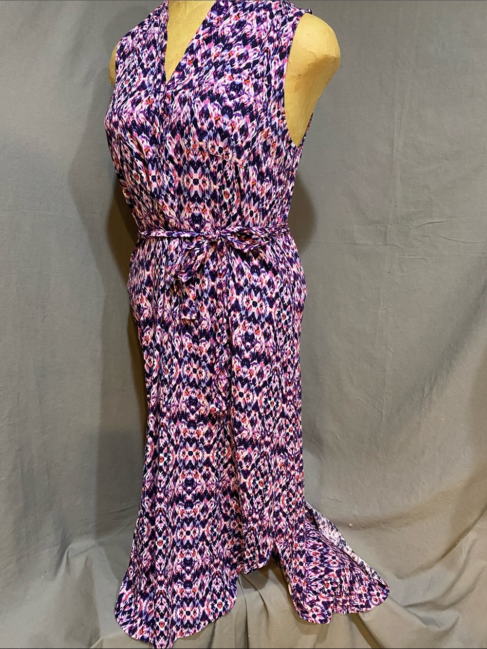 A.N.A Sleeveless V-Neck High-Low Maxi Dress in Purple & Pink Ikat Print- Med.